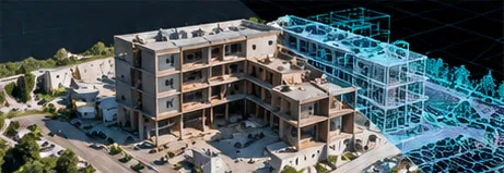 Edificio en obra con superposición de modelo